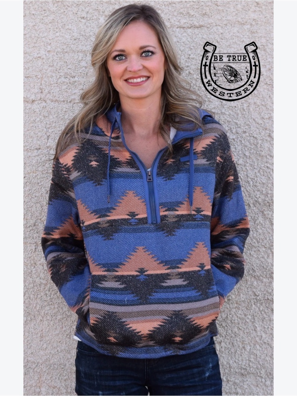 Women’s Cinch Blue & Tan Aztec Half-Zip Pullover small